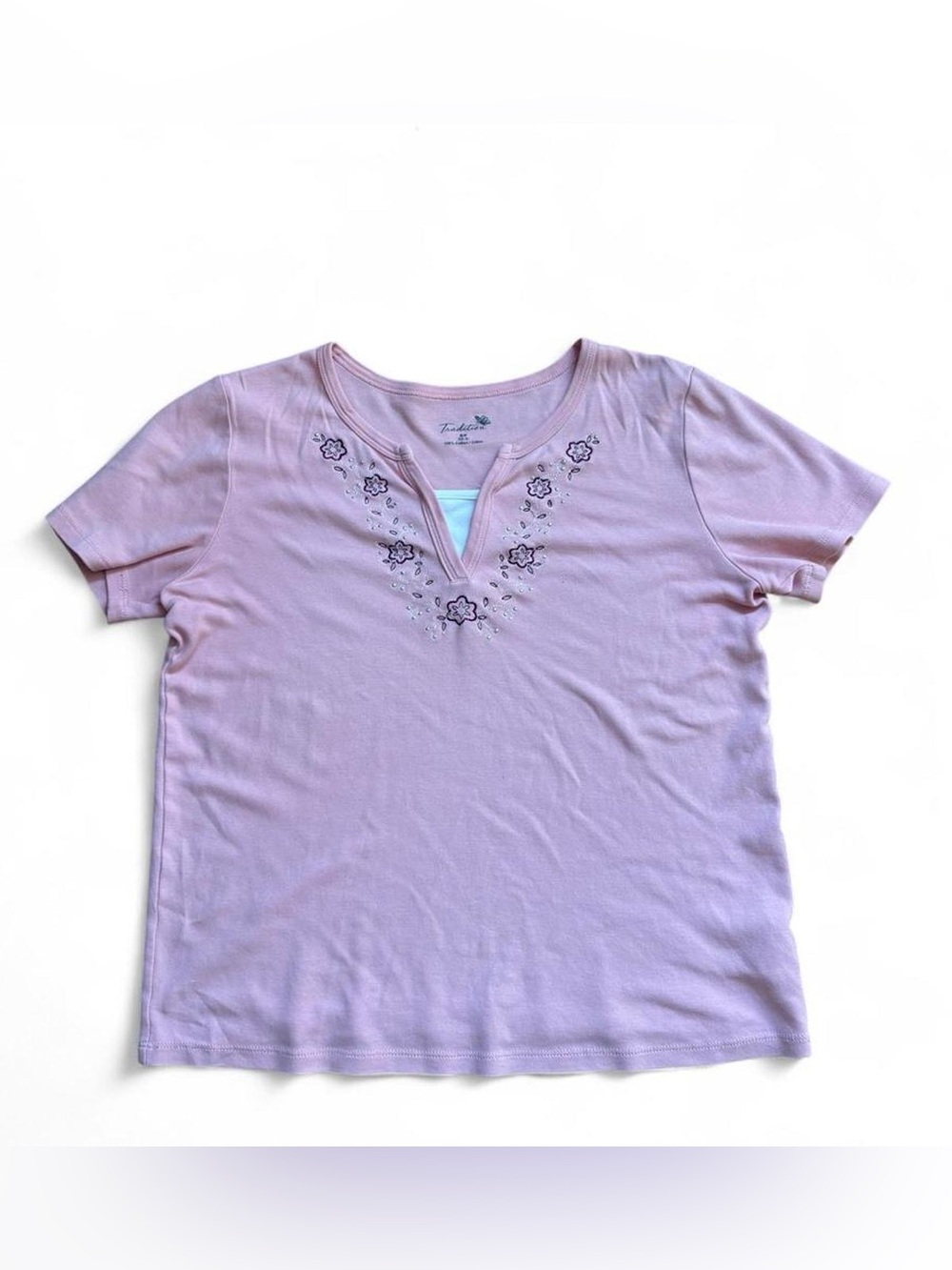 Vintage Y2K Tradition Pink Embroidered Floral Notch Neck Tee Top Size S